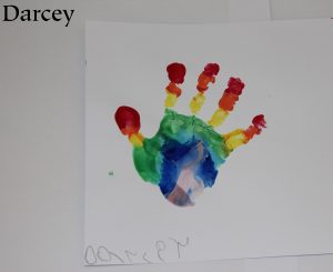 A rainbow painted hand print