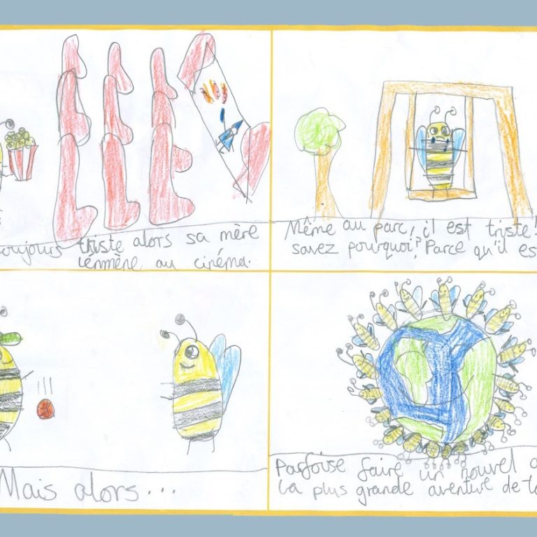 A comic strip with 4 bees around them