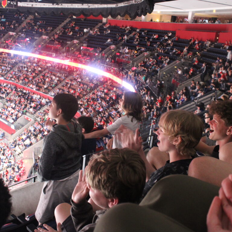 students at a sports match together in a stadium